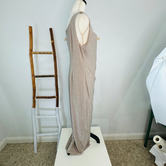 ADRIANNA PAPELL Gold Maxi Glitter Knit Lined Formal Gown Women SZ 14 Champagne - Picture 7 of 15